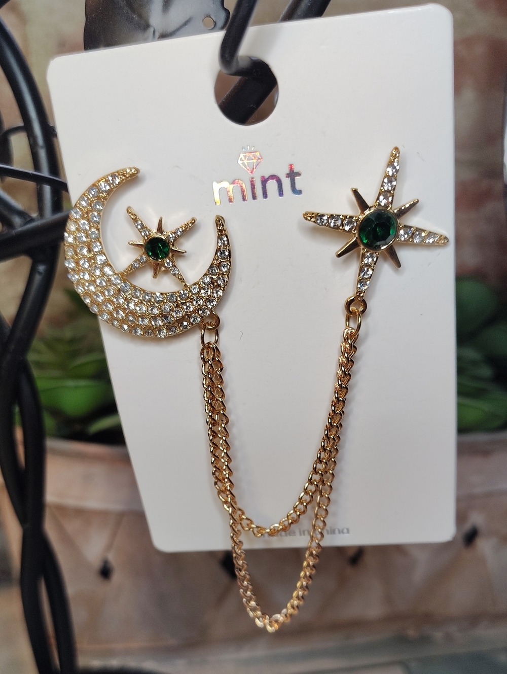 🌜Gold-Tone Celestial Moon & Star Rhinestone Chain Brooch Multiple Colors 🌜